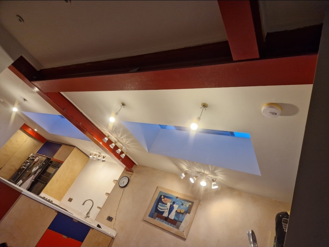 Painted steel beams & skylights