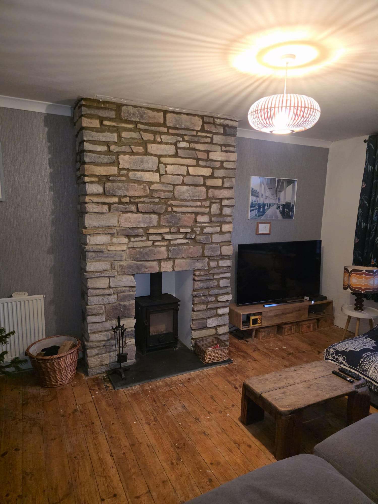 Stone fireplace built by Klamp Construction